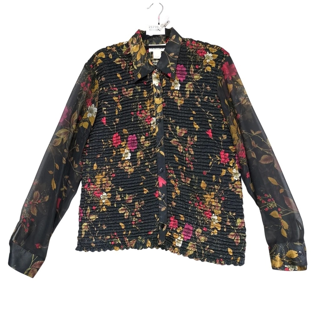 Vintage Y2K Jordan Black Floral Satin Crinkle Blouse Womens L Sheer Slv Stretch
